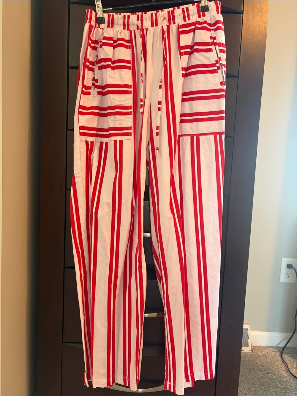 Casual Red & White Striped Wide-Leg Pants